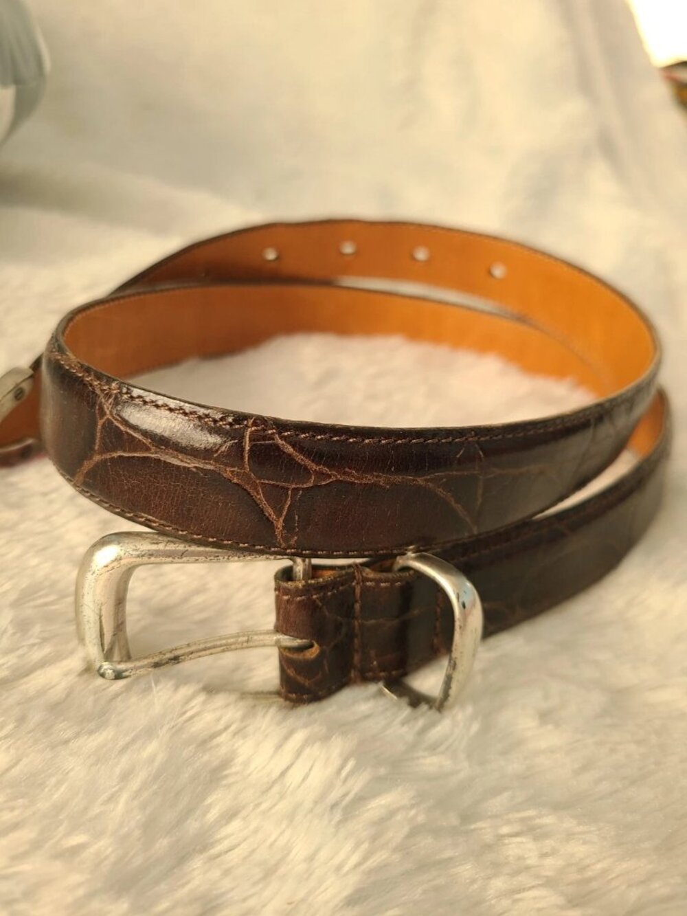 Zele Leather Belt 28 S Alligator Croc Print Dk Brown